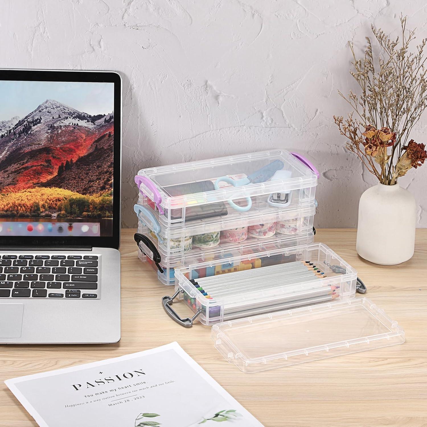 image:imageBTSKY 1 Pack Modern Plastic Pencil Box Clear Marker Organizer Stackable Storage Box for Painting Brushes Pencils Crayon Case Pen Container with Snaptight Lid for Drawing Tools Small Items PurplePurple