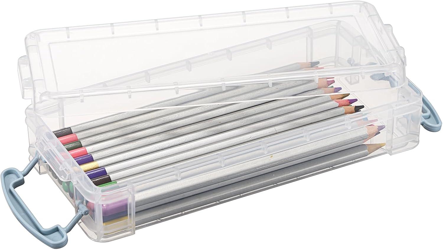 image:imageBTSKY 1 Pack Modern Plastic Pencil Box Clear Marker Organizer Stackable Storage Box for Painting Brushes Pencils Crayon Case Pen Container with Snaptight Lid for Drawing Tools Small Items PurpleBlue