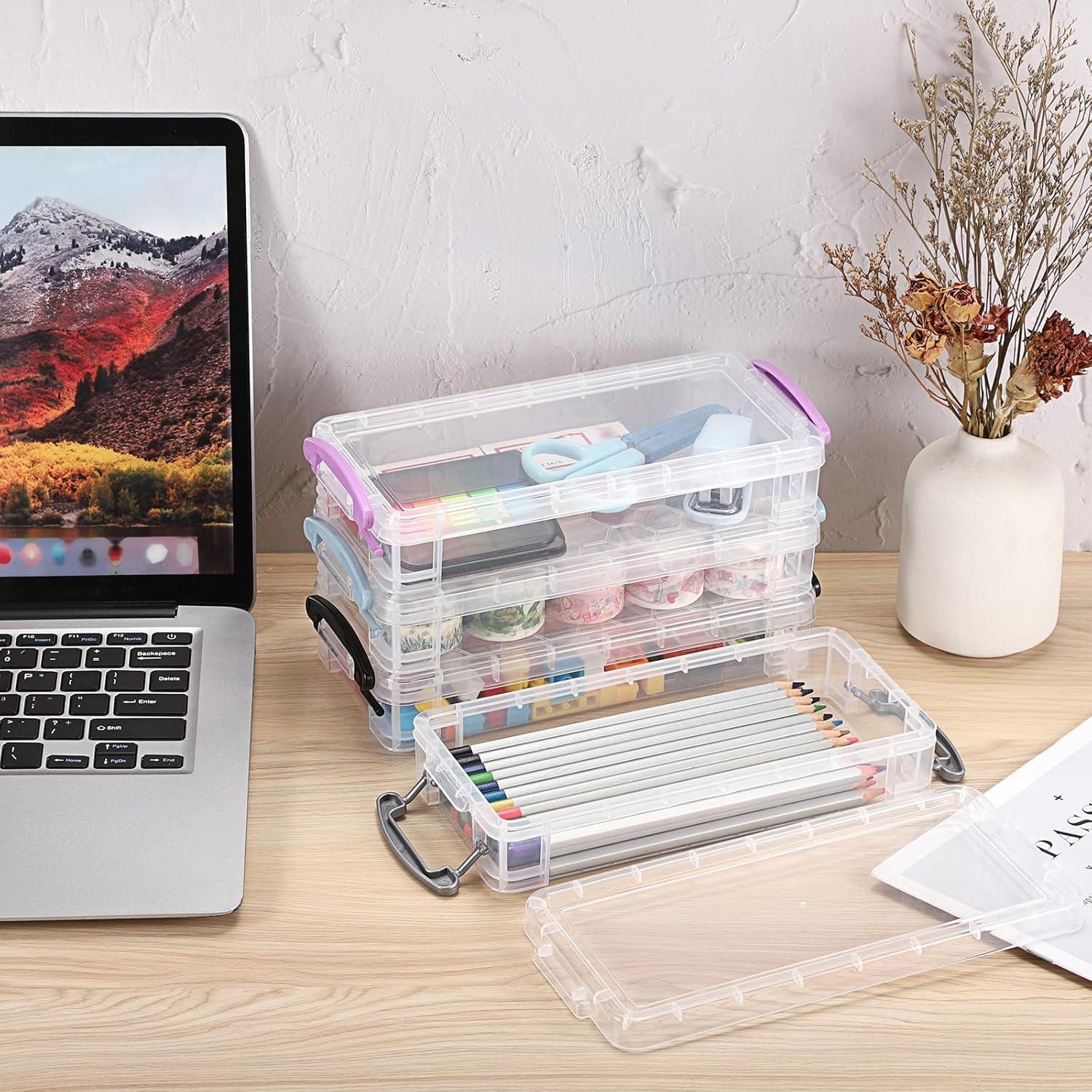 image:imageBTSKY 1 Pack Modern Plastic Pencil Box Clear Marker Organizer Stackable Storage Box for Painting Brushes Pencils Crayon Case Pen Container with Snaptight Lid for Drawing Tools Small Items PurpleBlack