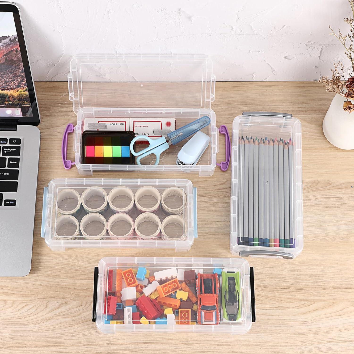 image:imageBTSKY 1 Pack Modern Plastic Pencil Box Clear Marker Organizer Stackable Storage Box for Painting Brushes Pencils Crayon Case Pen Container with Snaptight Lid for Drawing Tools Small Items PurpleBlack