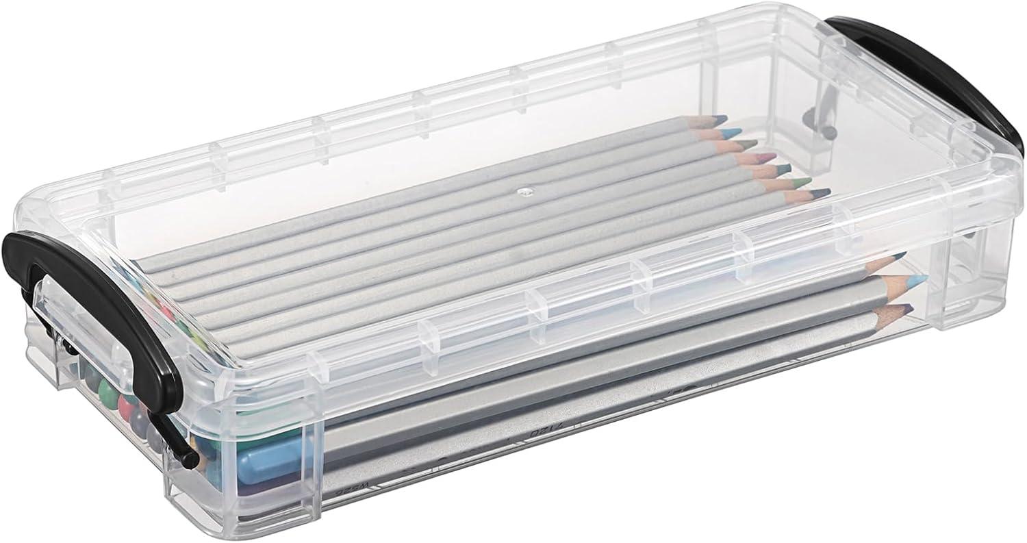 image:imageBTSKY 1 Pack Modern Plastic Pencil Box Clear Marker Organizer Stackable Storage Box for Painting Brushes Pencils Crayon Case Pen Container with Snaptight Lid for Drawing Tools Small Items PurpleBlack