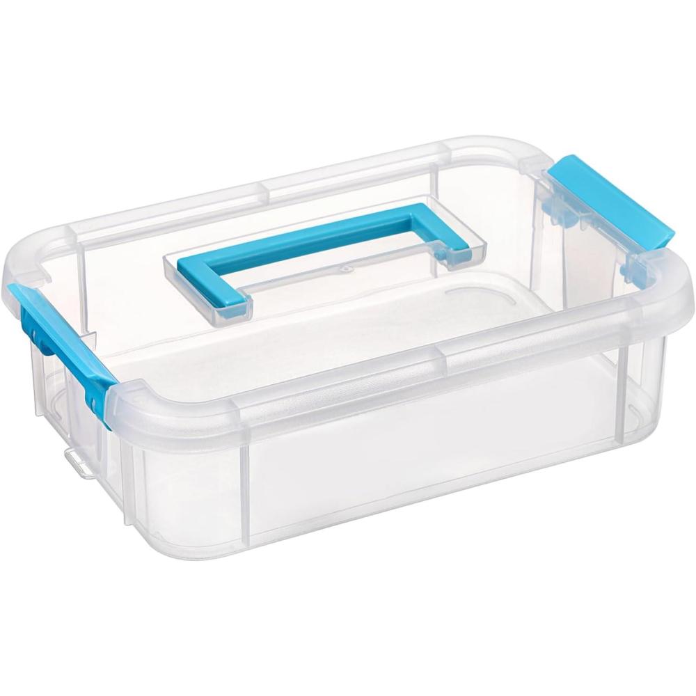 image:imageBTSKY Clear Plastic Storage Box Portable Organizer Container with Blue Handle Stackable Storage Bin for Office Home MultiUse Container Box with Lid for Stationery Jewelry Craft Sewing Supplies