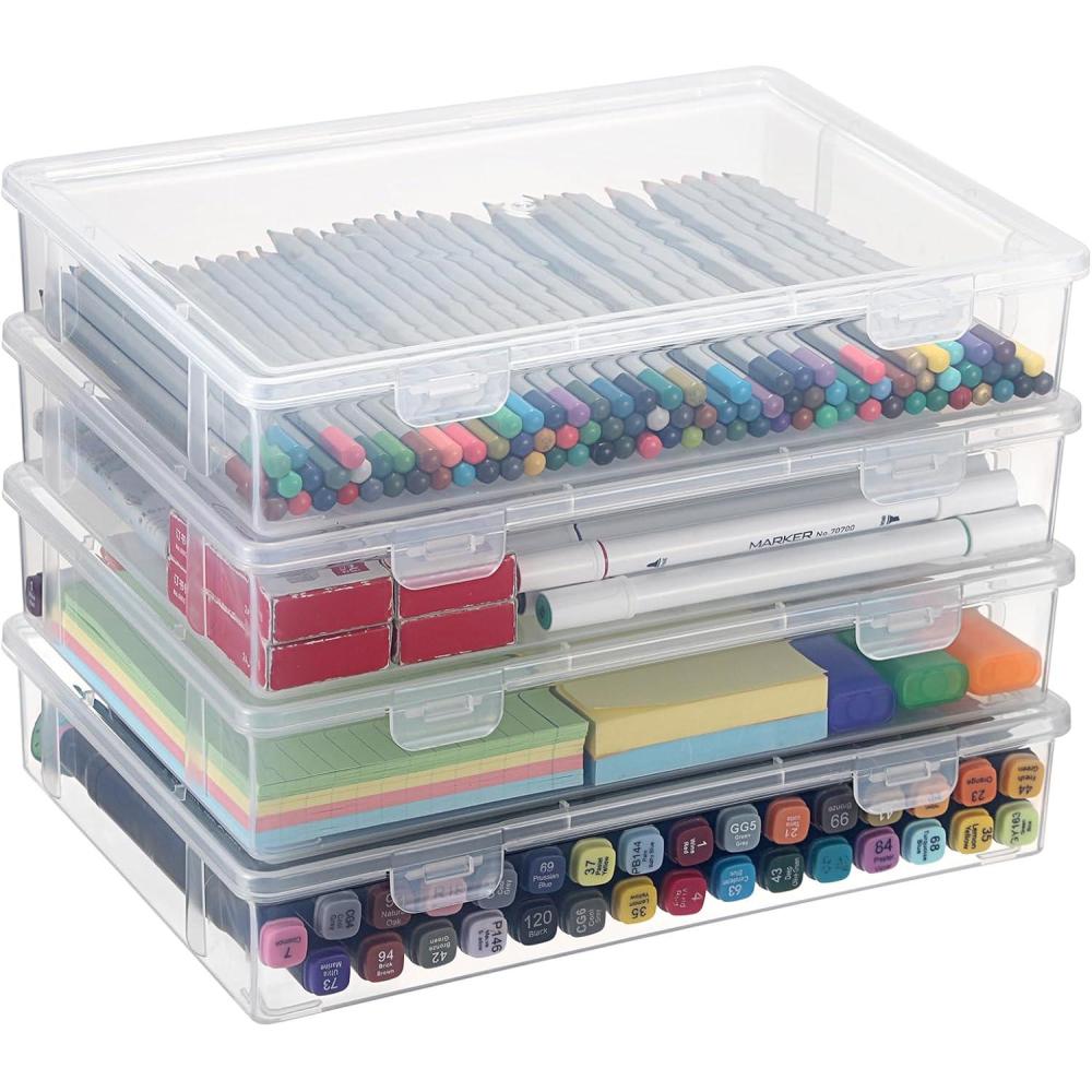 image:imageBTSKY Clear Plastic Storage Box with Flap Lid Multipurpose Craft Organizers and Storage Box Art Supply Storage Organizer Plastic Sewing Box for Beads Pencils Notebooks 2 Pack MediumMedium4 Pack