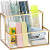 BTSKY 1 Pack Golden Glass Pen Holder for Desk, Clear Pencil Cup with 3 Compartments, Metal Pen Cup Makeup Brushes Holder, Desktop Pens Pot Container, Stationery Cosmetic Caddy Storage for Office Home