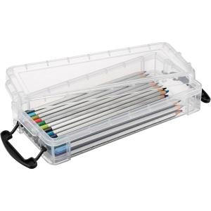 BTSKY 1 Pack Modern Plastic Pencil Box, Clear Marker Organizer, Stackable Storage Box for Painting Brushes Pencils, Crayon Case Pen Container with Snap-tight Lid for Drawing Tools Small Items (Purple)(Black)