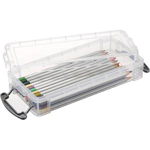 BTSKY 1 Pack Modern Plastic Pencil Box, Clear Marker Organizer, Stackable Storage Box for Painting Brushes Pencils, Crayon Case Pen Container with Snap-tight Lid for Drawing Tools Small Items (Purple)(Grey)
