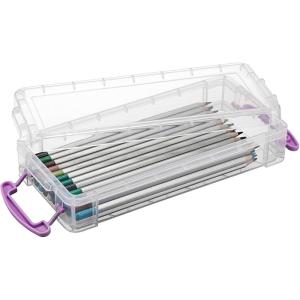 BTSKY 1 Pack Modern Plastic Pencil Box, Clear Marker Organizer, Stackable Storage Box for Painting Brushes Pencils, Crayon Case Pen Container with Snap-tight Lid for Drawing Tools Small Items (Purple)(Purple)