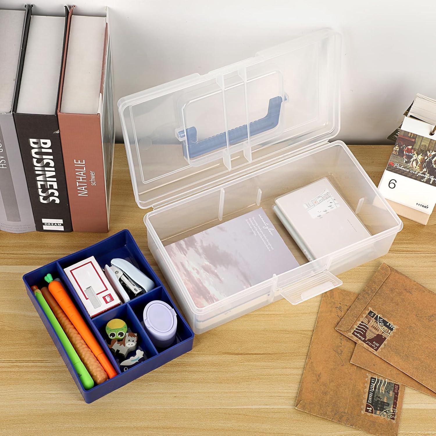 image:imageBTSKY Clear Plastic Storage Box with Removable Tray Multipurpose Stationery Storage Box with Handle Handy Sewing Box Art Craft Supply Organizer Home Utility Box BlueBlue