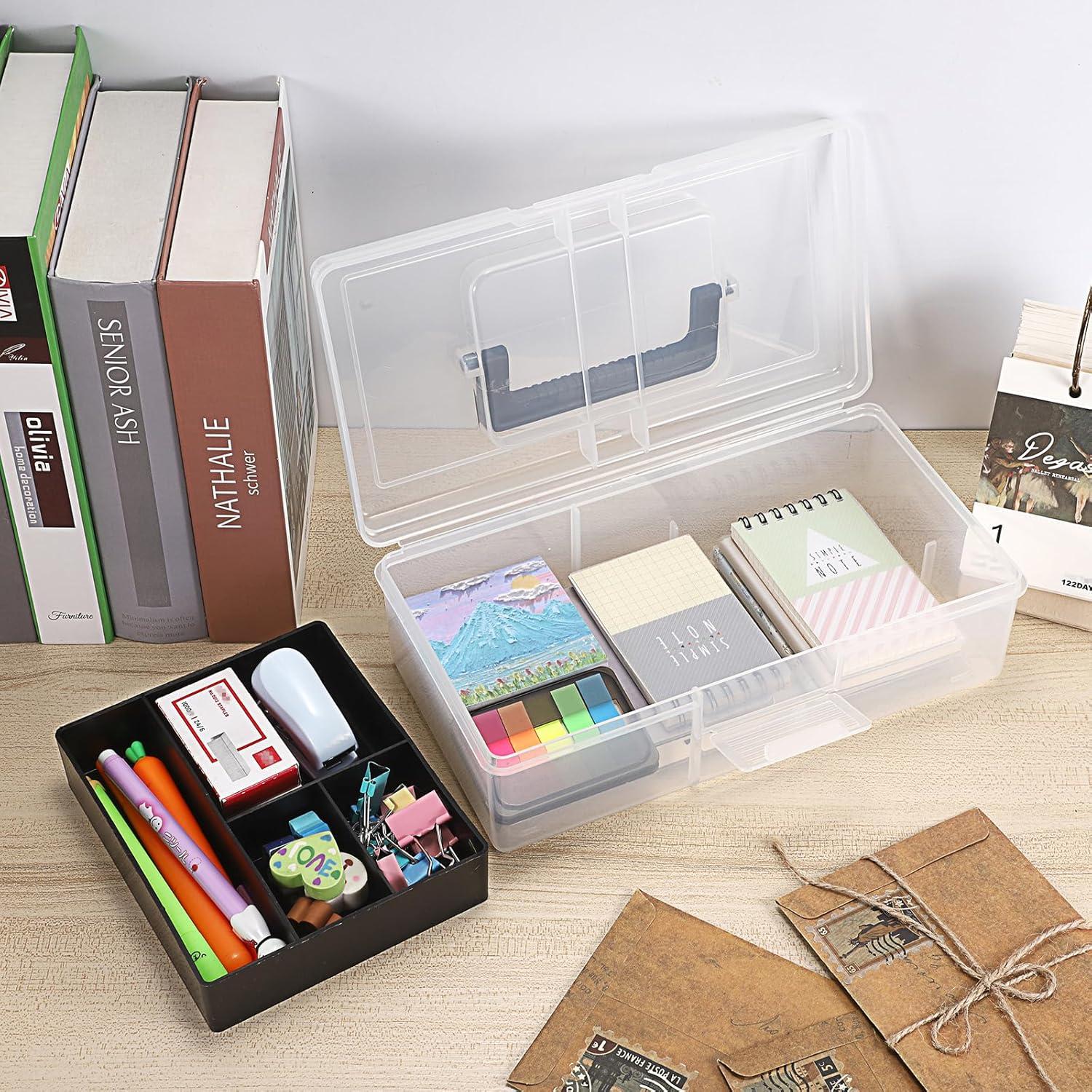 image:imageBTSKY Clear Plastic Storage Box with Removable Tray Multipurpose Stationery Storage Box with Handle Handy Sewing Box Art Craft Supply Organizer Home Utility Box BlueBlack