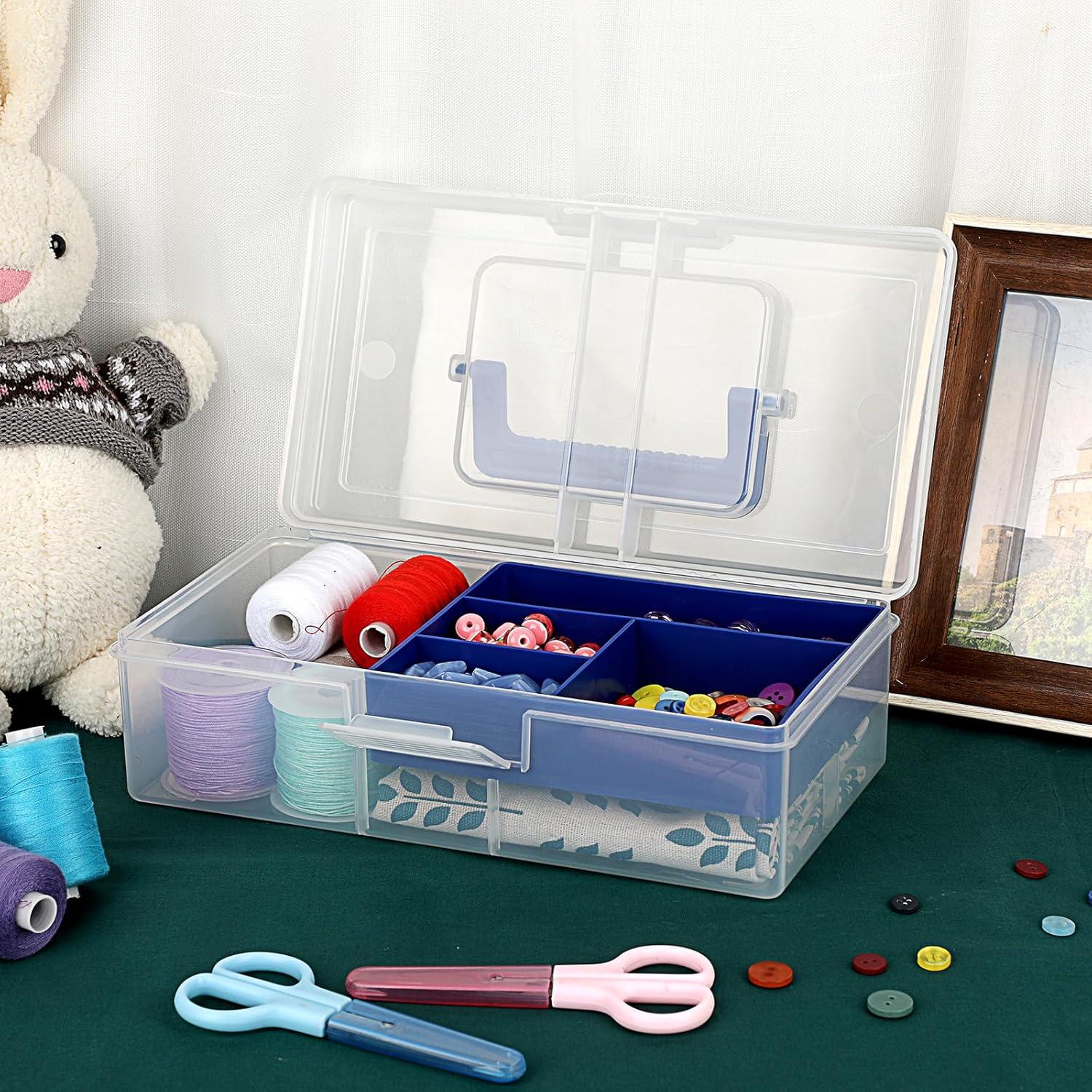 image:imageBTSKY Clear Plastic Storage Box with Removable Tray Multipurpose Stationery Storage Box with Handle Handy Sewing Box Art Craft Supply Organizer Home Utility Box BlueBlue
