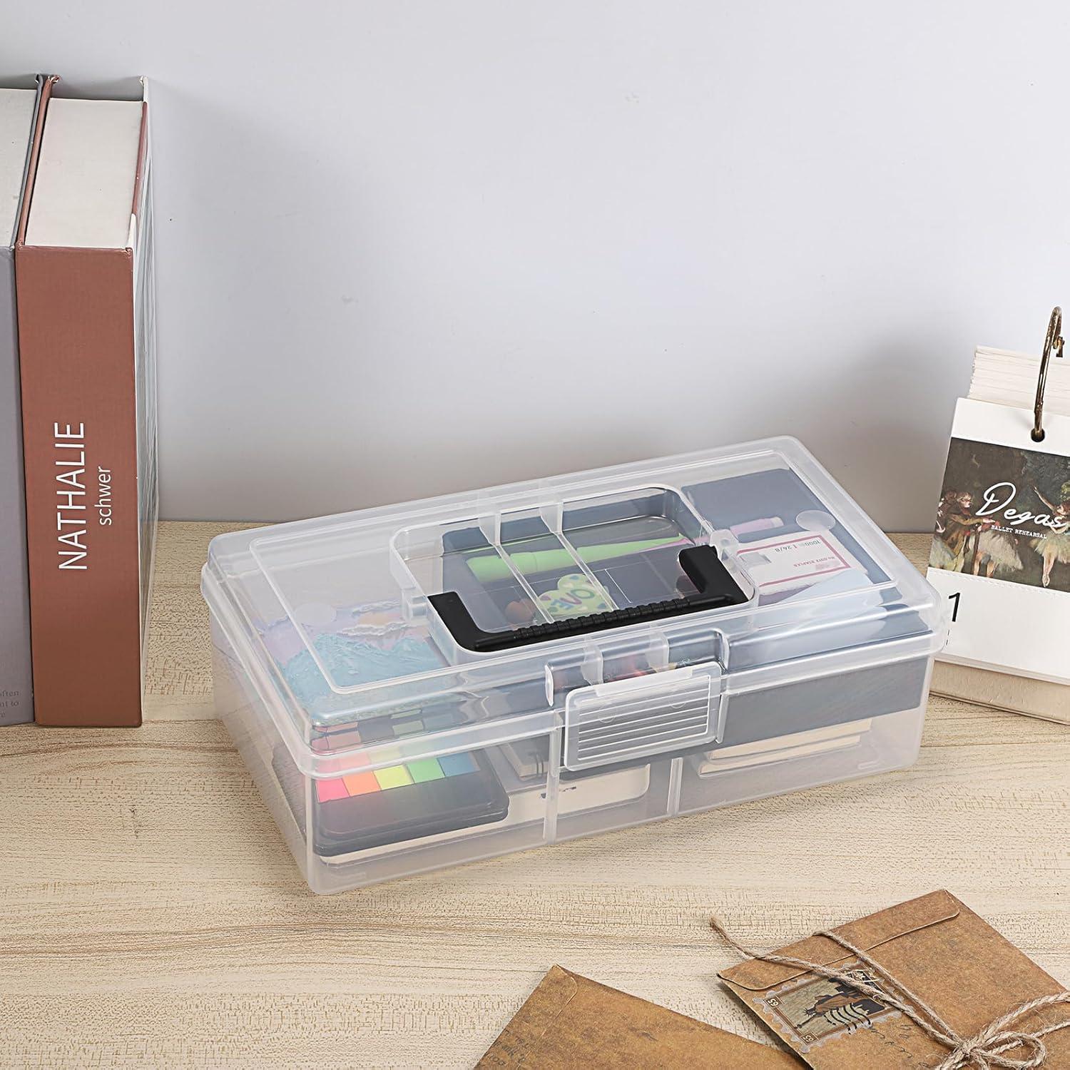 image:imageBTSKY Clear Plastic Storage Box with Removable Tray Multipurpose Stationery Storage Box with Handle Handy Sewing Box Art Craft Supply Organizer Home Utility Box BlueBlack
