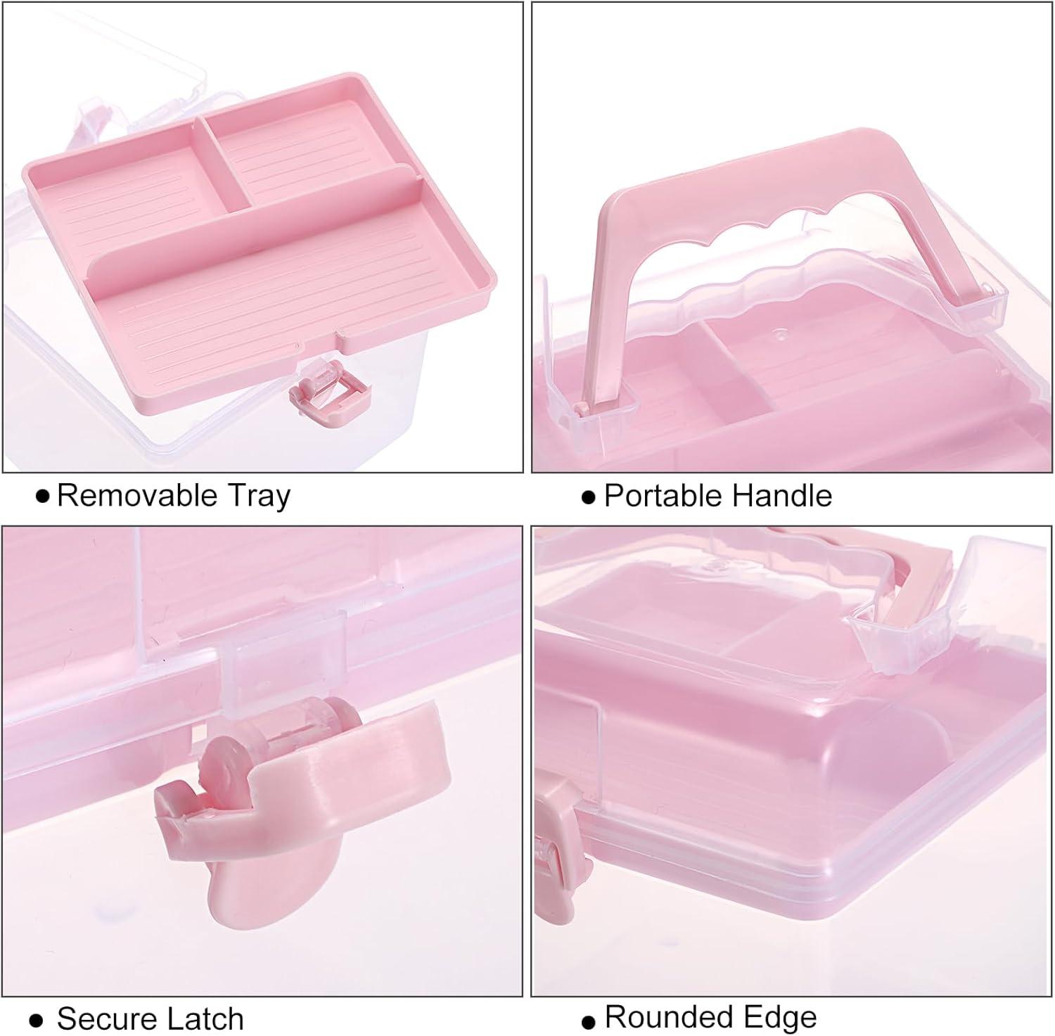 image:imageBTSKY Multipurpose Plastic Craft Storage Containers with Removable Tray Clear Plastic Storage Box with Lid amp Handle Easy Carry amp Stack Small Storage Container 85x5x49 Inch RectangleBluePink