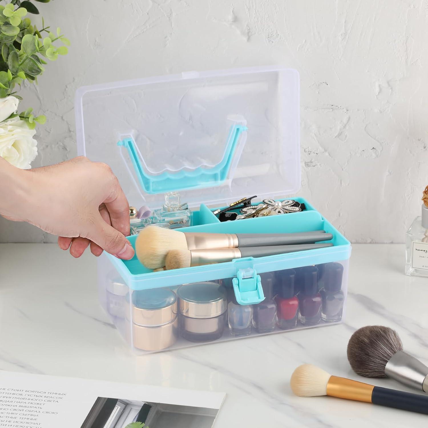 image:imageBTSKY Multipurpose Plastic Craft Storage Containers with Removable Tray Clear Plastic Storage Box with Lid amp Handle Easy Carry amp Stack Small Storage Container 85x5x49 Inch RectangleBlueBlue