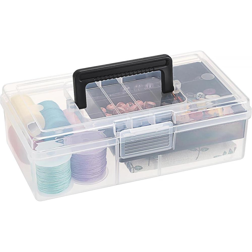 image:imageBTSKY Clear Plastic Storage Box with Removable Tray Multipurpose Stationery Storage Box with Handle Handy Sewing Box Art Craft Supply Organizer Home Utility Box BlueBlack
