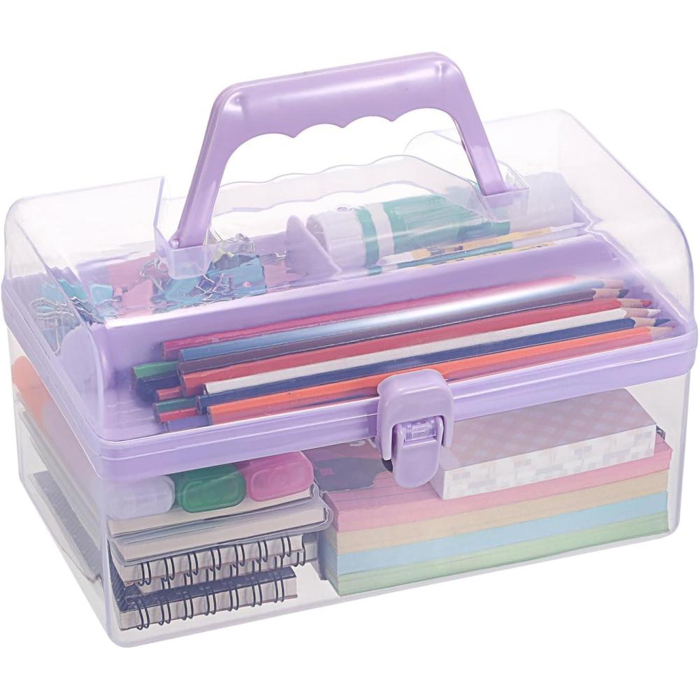 image:imageBTSKY Multipurpose Plastic Craft Storage Containers with Removable Tray Clear Plastic Storage Box with Lid amp Handle Easy Carry amp Stack Small Storage Container 85x5x49 Inch RectangleBluePurple
