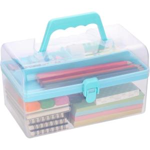 BTSKY Multipurpose Plastic Craft Storage Containers with Removable Tray, Clear Plastic Storage Box with Lid & Handle, Easy Carry & Stack Small Storage Container, 8.5x5x4.9 Inch, Rectangle-Blue(Blue)