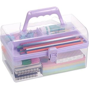BTSKY Multipurpose Plastic Craft Storage Containers with Removable Tray, Clear Plastic Storage Box with Lid & Handle, Easy Carry & Stack Small Storage Container, 8.5x5x4.9 Inch, Rectangle-Blue(Purple)