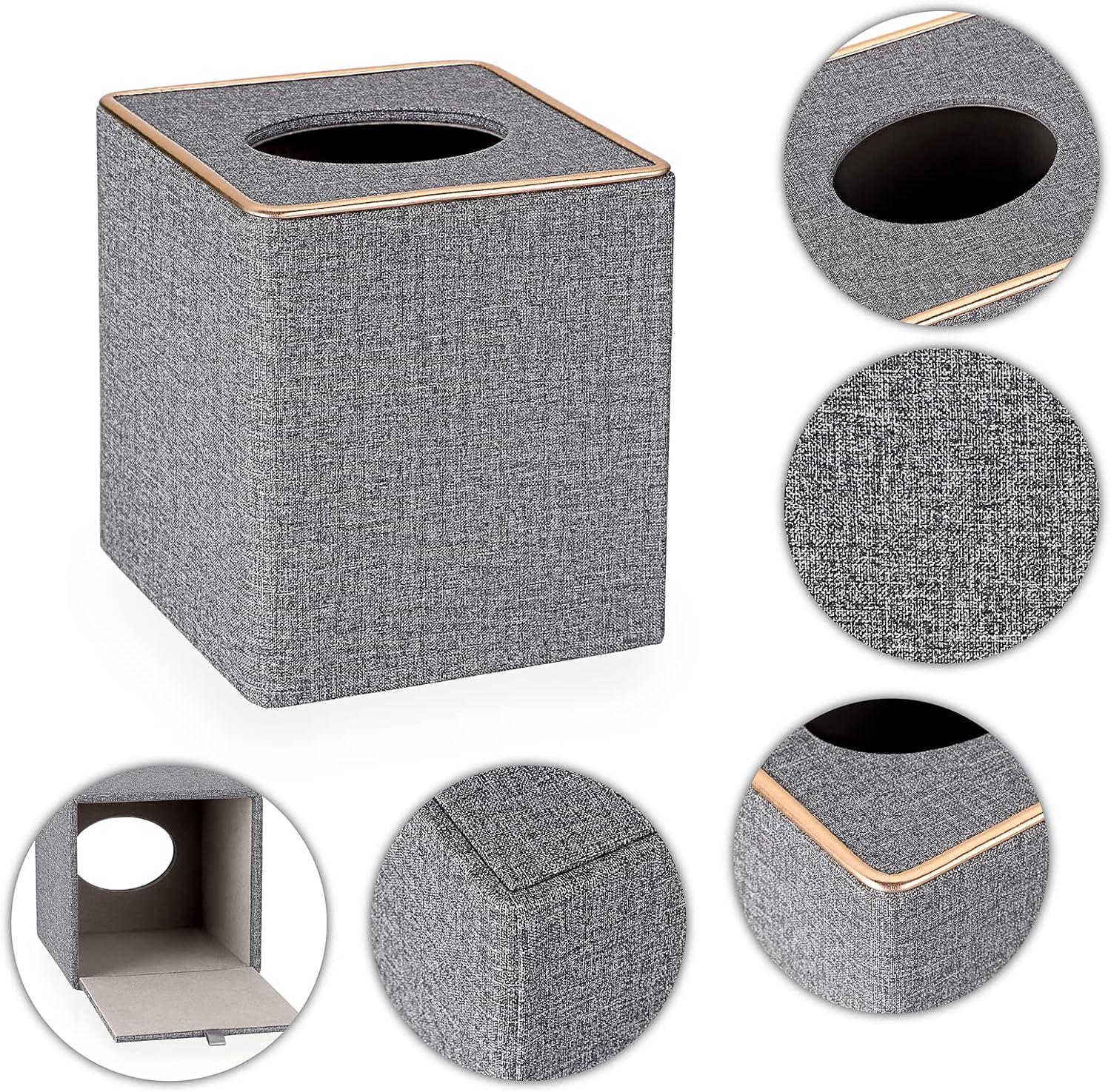 image:imageBTSKY Household Square Linen Tissue Box with Decorative Gold Line Cube Tissue Paper Holder Tissue Cover Holder Tissue Storage Organizer Tissue Dispenser Case Napkin Box Grey