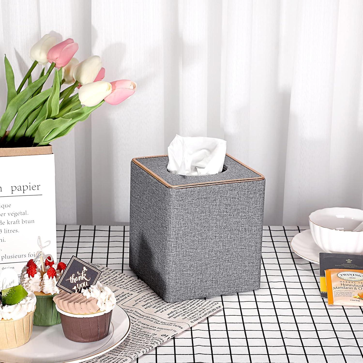 image:imageBTSKY Household Square Linen Tissue Box with Decorative Gold Line Cube Tissue Paper Holder Tissue Cover Holder Tissue Storage Organizer Tissue Dispenser Case Napkin Box Grey