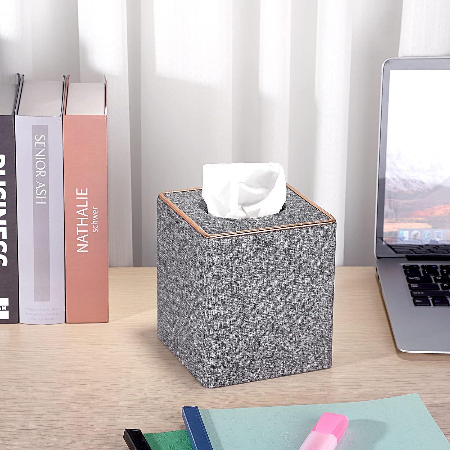 image:imageBTSKY Household Square Linen Tissue Box with Decorative Gold Line Cube Tissue Paper Holder Tissue Cover Holder Tissue Storage Organizer Tissue Dispenser Case Napkin Box Grey