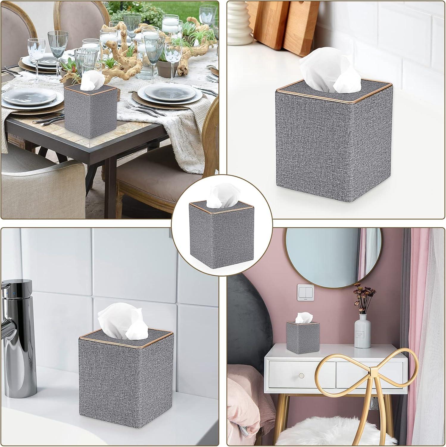 image:imageBTSKY Household Square Linen Tissue Box with Decorative Gold Line Cube Tissue Paper Holder Tissue Cover Holder Tissue Storage Organizer Tissue Dispenser Case Napkin Box Grey