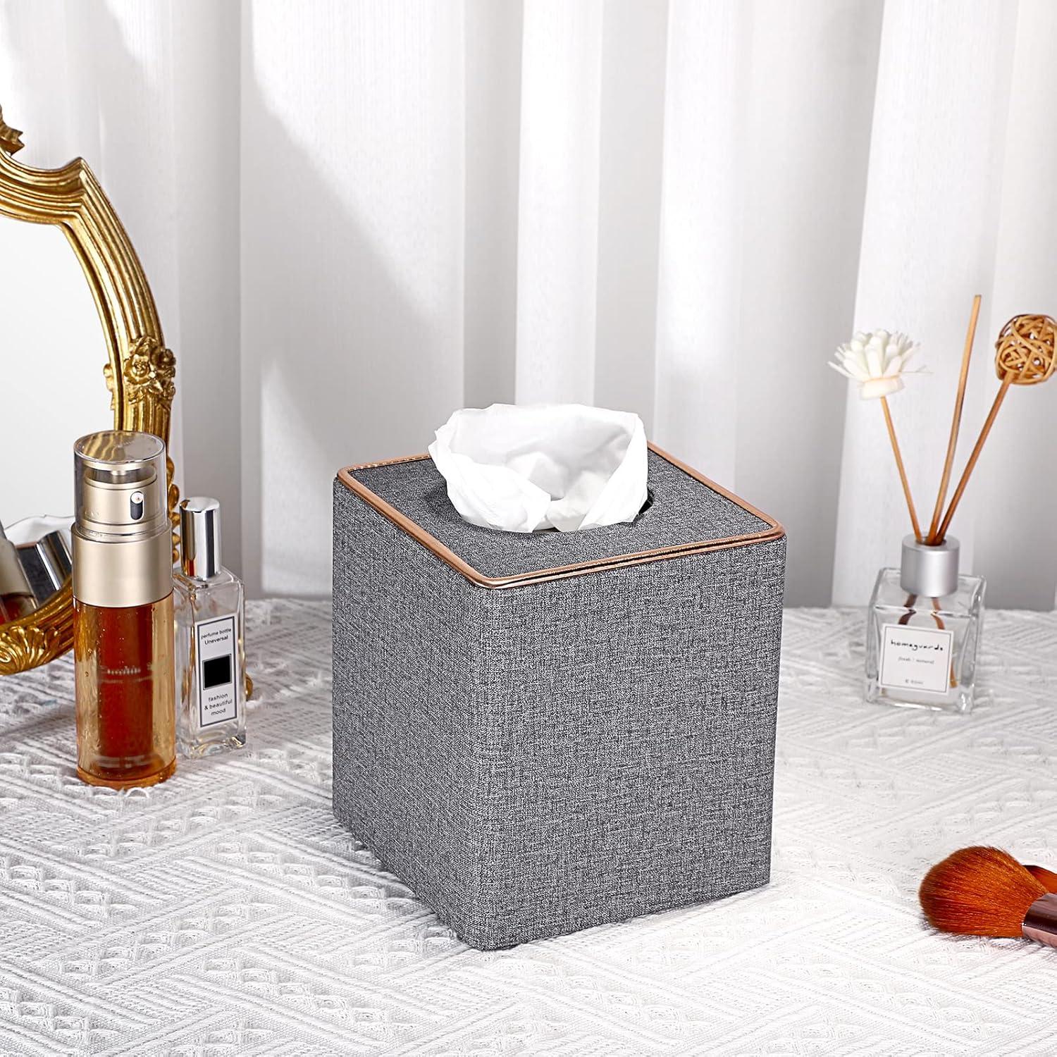image:imageBTSKY Household Square Linen Tissue Box with Decorative Gold Line Cube Tissue Paper Holder Tissue Cover Holder Tissue Storage Organizer Tissue Dispenser Case Napkin Box Grey