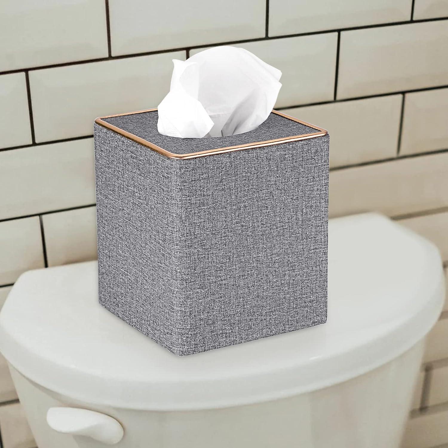 image:imageBTSKY Household Square Linen Tissue Box with Decorative Gold Line Cube Tissue Paper Holder Tissue Cover Holder Tissue Storage Organizer Tissue Dispenser Case Napkin Box Grey