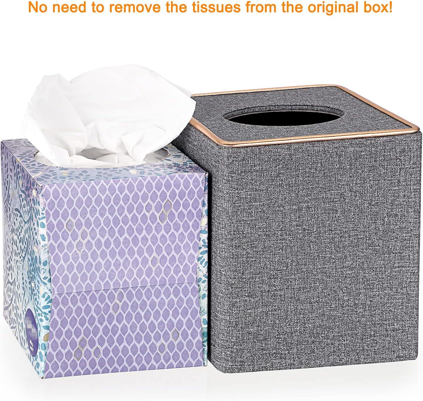 image:imageBTSKY Household Square Linen Tissue Box with Decorative Gold Line Cube Tissue Paper Holder Tissue Cover Holder Tissue Storage Organizer Tissue Dispenser Case Napkin Box Grey