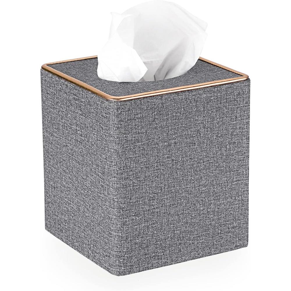 image:imageBTSKY Household Square Linen Tissue Box with Decorative Gold Line Cube Tissue Paper Holder Tissue Cover Holder Tissue Storage Organizer Tissue Dispenser Case Napkin Box Grey