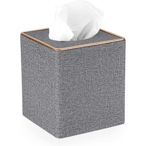 BTSKY Household Square Linen Tissue Box with Decorative Gold Line – Cube Tissue Paper Holder Tissue Cover Holder Tissue Storage Organizer Tissue Dispenser Case Napkin Box, Grey