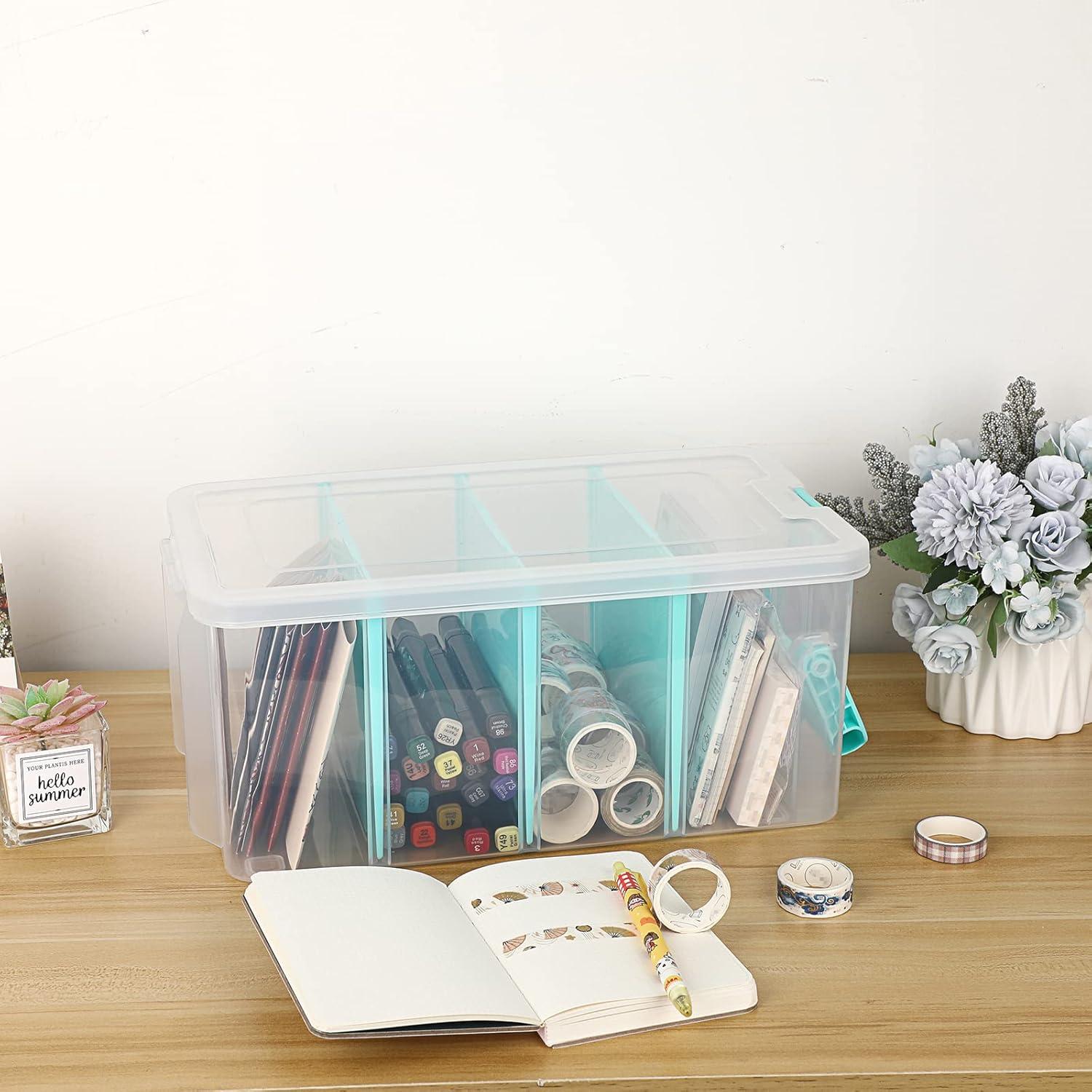 image:imageBTSKY Clear Plastic Dividing Storage Box with 4 Deep Compartments Adjustable Storage Bin with Lid Portable Craft Container Multipurpose Sewing Box Art Supply Organizer 139x79x62 Inches Green139x79x62 InchesClear