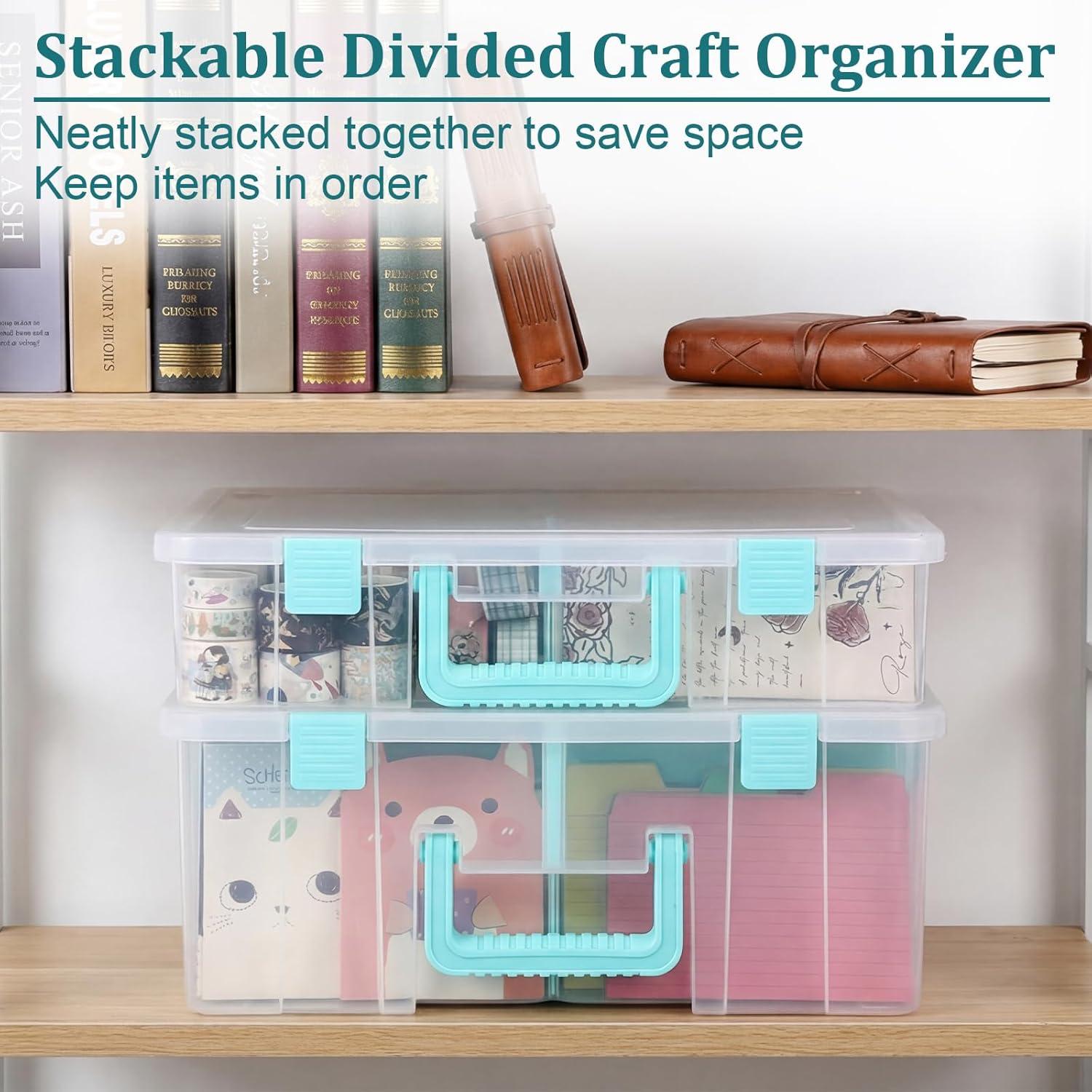image:imageBTSKY Clear Plastic Dividing Storage Box with 4 Deep Compartments Adjustable Storage Bin with Lid Portable Craft Container Multipurpose Sewing Box Art Supply Organizer 139x79x62 Inches Green151x139x35 InchesClear