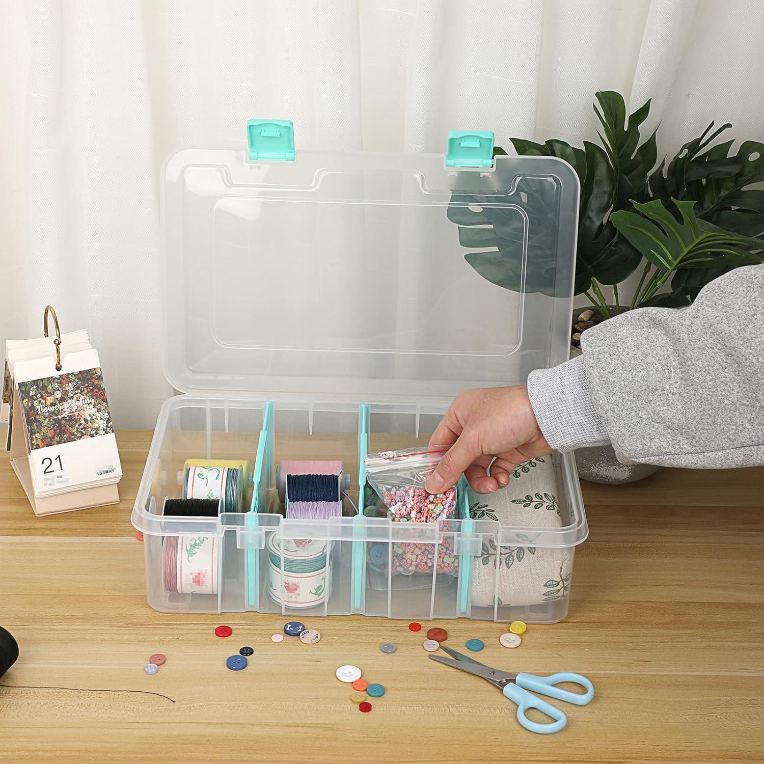 image:imageBTSKY Clear Plastic Dividing Storage Box with 4 Deep Compartments Adjustable Storage Bin with Lid Portable Craft Container Multipurpose Sewing Box Art Supply Organizer 139x79x62 Inches Green133x81x34 InchesClear