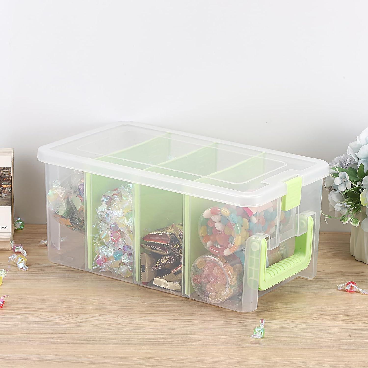 image:imageBTSKY Clear Plastic Dividing Storage Box with 4 Deep Compartments Adjustable Storage Bin with Lid Portable Craft Container Multipurpose Sewing Box Art Supply Organizer 139x79x62 Inches Green139x79x62 InchesGreen