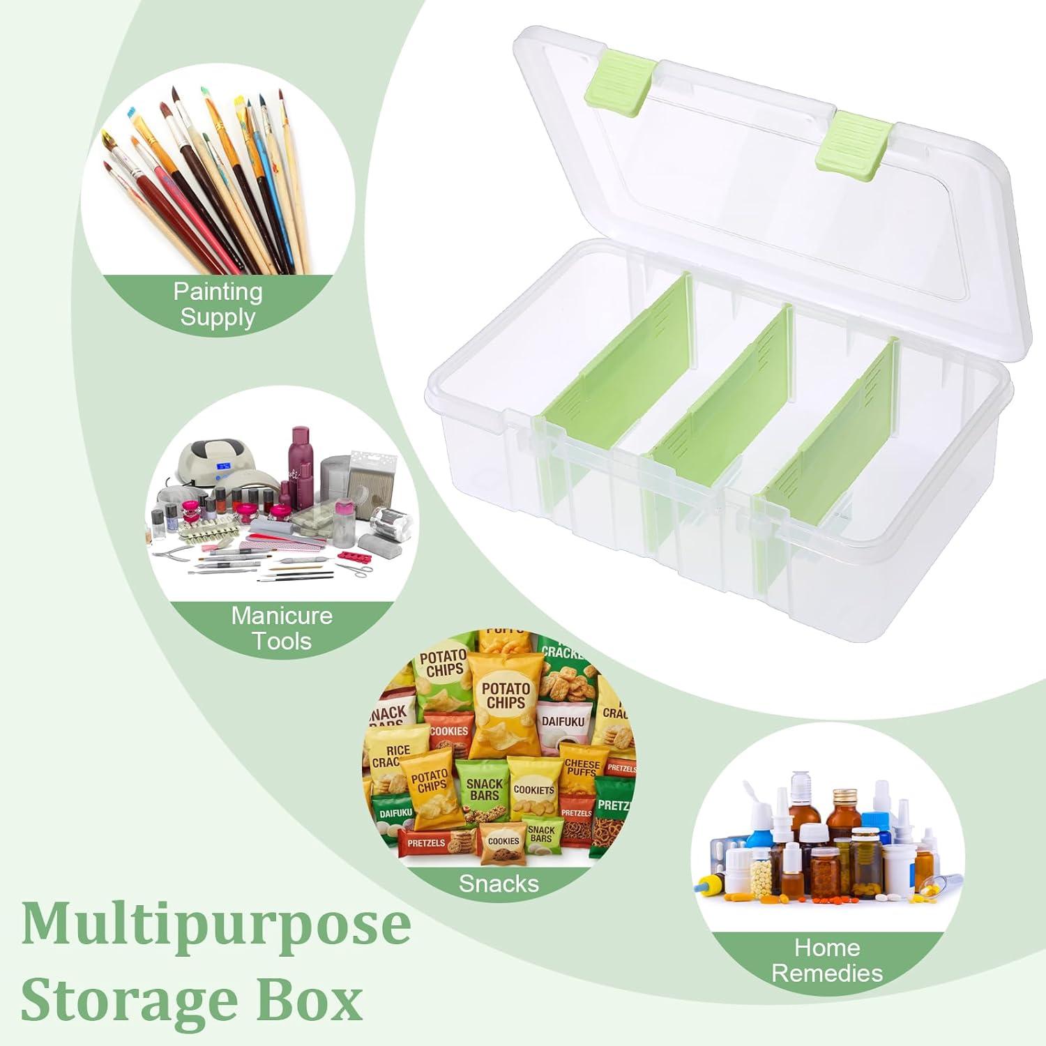 image:imageBTSKY Clear Plastic Dividing Storage Box with 4 Deep Compartments Adjustable Storage Bin with Lid Portable Craft Container Multipurpose Sewing Box Art Supply Organizer 139x79x62 Inches Green133x81x34 InchesGreen