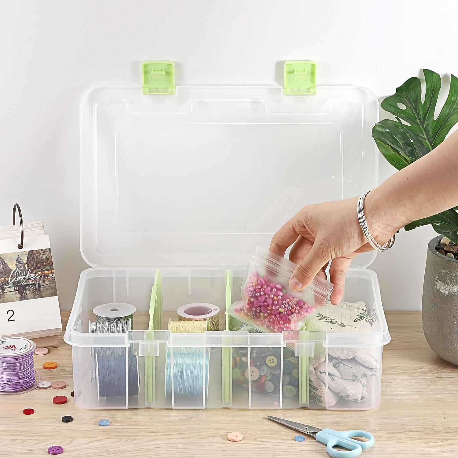 image:imageBTSKY Clear Plastic Dividing Storage Box with 4 Deep Compartments Adjustable Storage Bin with Lid Portable Craft Container Multipurpose Sewing Box Art Supply Organizer 139x79x62 Inches Green133x81x34 InchesGreen