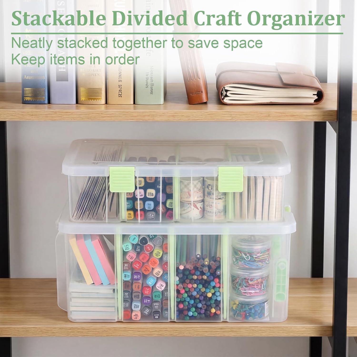 image:imageBTSKY Clear Plastic Dividing Storage Box with 4 Deep Compartments Adjustable Storage Bin with Lid Portable Craft Container Multipurpose Sewing Box Art Supply Organizer 139x79x62 Inches Green139x79x62 InchesGreen