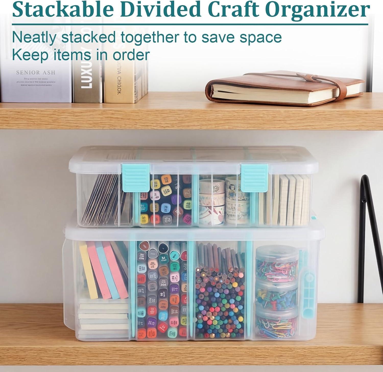 image:imageBTSKY Clear Plastic Dividing Storage Box with 4 Deep Compartments Adjustable Storage Bin with Lid Portable Craft Container Multipurpose Sewing Box Art Supply Organizer 139x79x62 Inches Green133x81x34 InchesClear