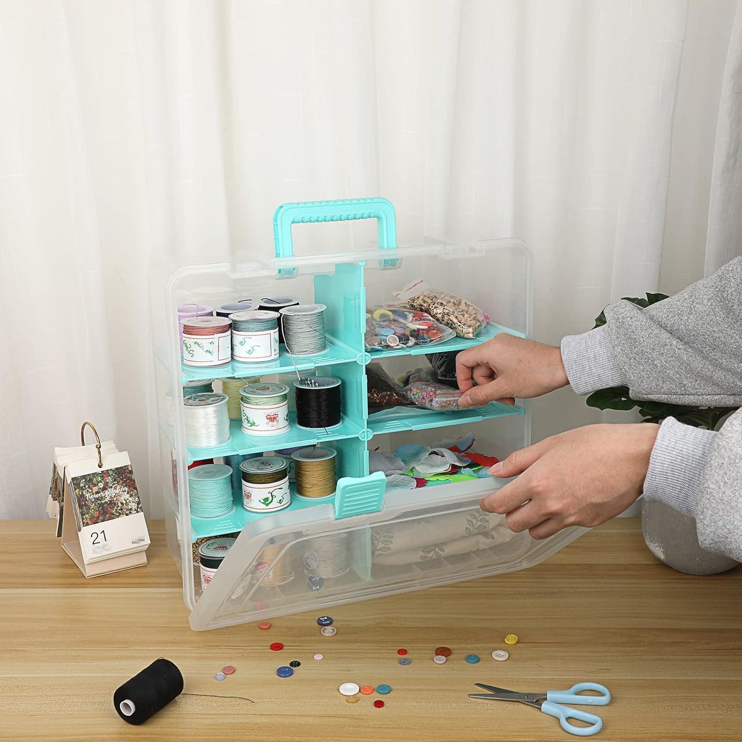 image:imageBTSKY Clear Plastic Dividing Storage Box with 4 Deep Compartments Adjustable Storage Bin with Lid Portable Craft Container Multipurpose Sewing Box Art Supply Organizer 139x79x62 Inches Green151x139x61 Inchesclear