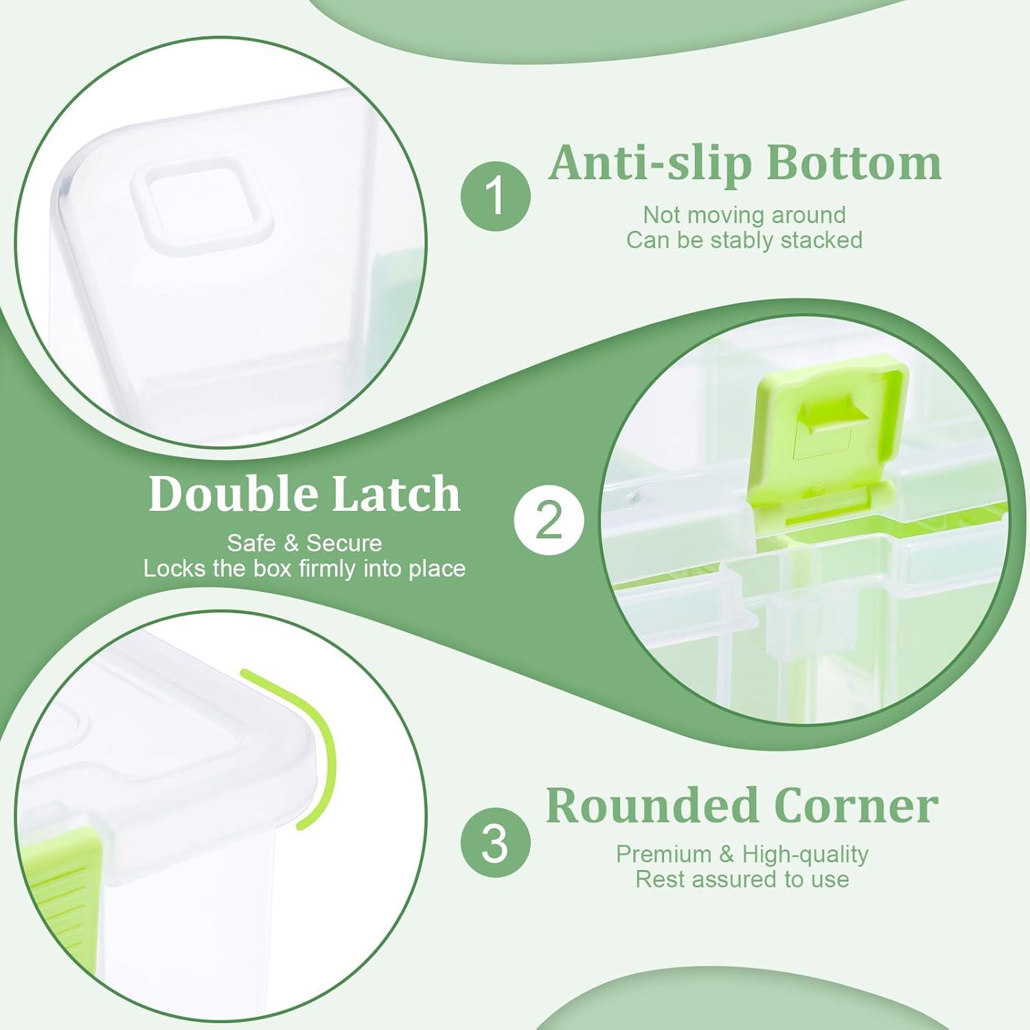 image:imageBTSKY Clear Plastic Dividing Storage Box with 4 Deep Compartments Adjustable Storage Bin with Lid Portable Craft Container Multipurpose Sewing Box Art Supply Organizer 139x79x62 Inches Green133x81x34 InchesGreen