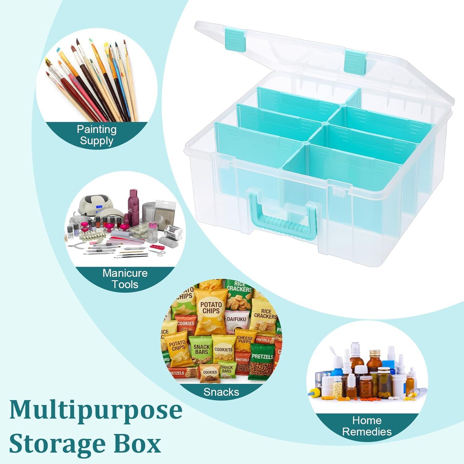 image:imageBTSKY Clear Plastic Dividing Storage Box with 4 Deep Compartments Adjustable Storage Bin with Lid Portable Craft Container Multipurpose Sewing Box Art Supply Organizer 139x79x62 Inches Green151x139x61 Inchesclear