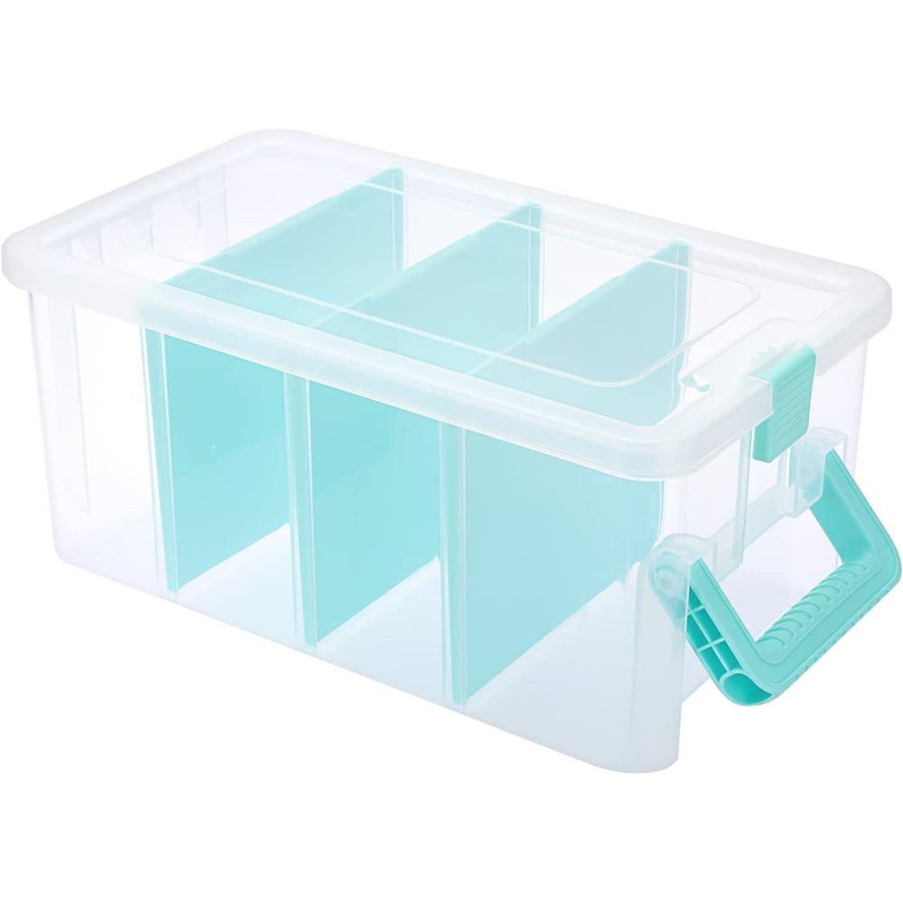 image:imageBTSKY Clear Plastic Dividing Storage Box with 4 Deep Compartments Adjustable Storage Bin with Lid Portable Craft Container Multipurpose Sewing Box Art Supply Organizer 139x79x62 Inches Green139x79x62 InchesClear