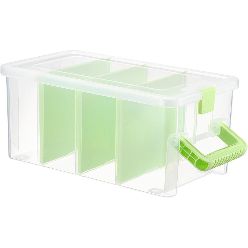image:imageBTSKY Clear Plastic Dividing Storage Box with 4 Deep Compartments Adjustable Storage Bin with Lid Portable Craft Container Multipurpose Sewing Box Art Supply Organizer 139x79x62 Inches Green139x79x62 InchesGreen