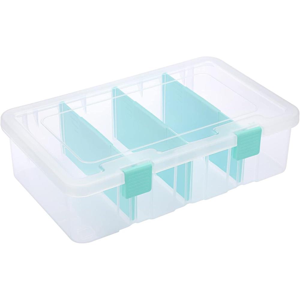 image:imageBTSKY Clear Plastic Dividing Storage Box with 4 Deep Compartments Adjustable Storage Bin with Lid Portable Craft Container Multipurpose Sewing Box Art Supply Organizer 139x79x62 Inches Green133x81x34 InchesClear