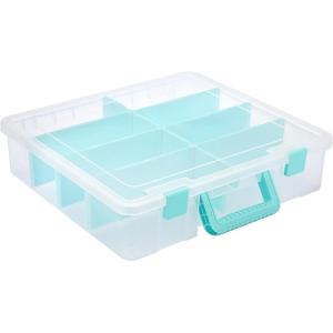 BTSKY Clear Plastic Dividing Storage Box with 4 Deep Compartments Adjustable Storage Bin with Lid Portable Craft Container Multipurpose Sewing Box Art Supply Organizer, 13.9×7.9×6.2 Inches, Green(15.1×13.9×3.5 Inches-Clear)