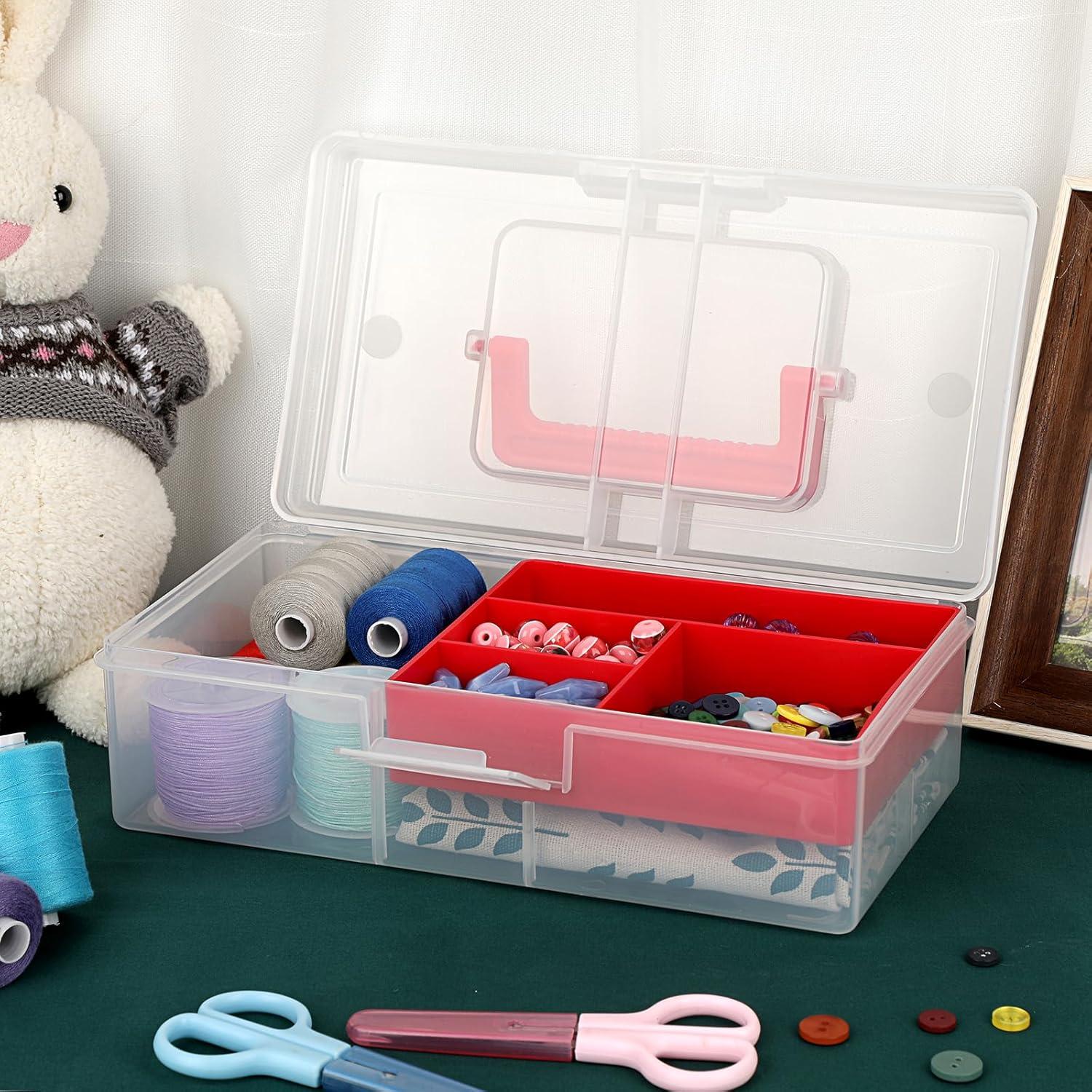 image:imageBTSKY Clear Plastic Storage Box with Removable Tray Multipurpose Stationery Storage Box with Handle Handy Sewing Box Art Craft Supply Organizer Home Utility Box RedRed