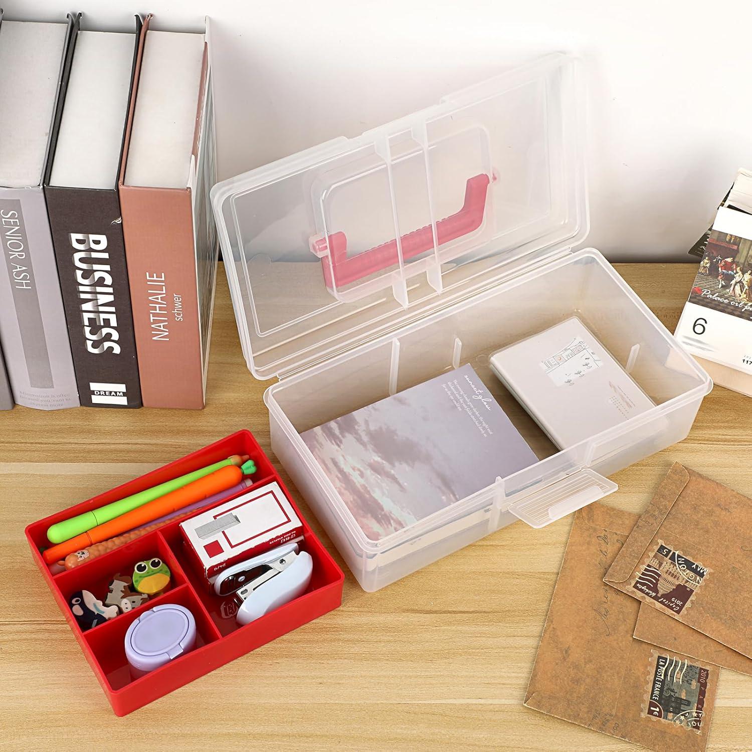 image:imageBTSKY Clear Plastic Storage Box with Removable Tray Multipurpose Stationery Storage Box with Handle Handy Sewing Box Art Craft Supply Organizer Home Utility Box RedRed