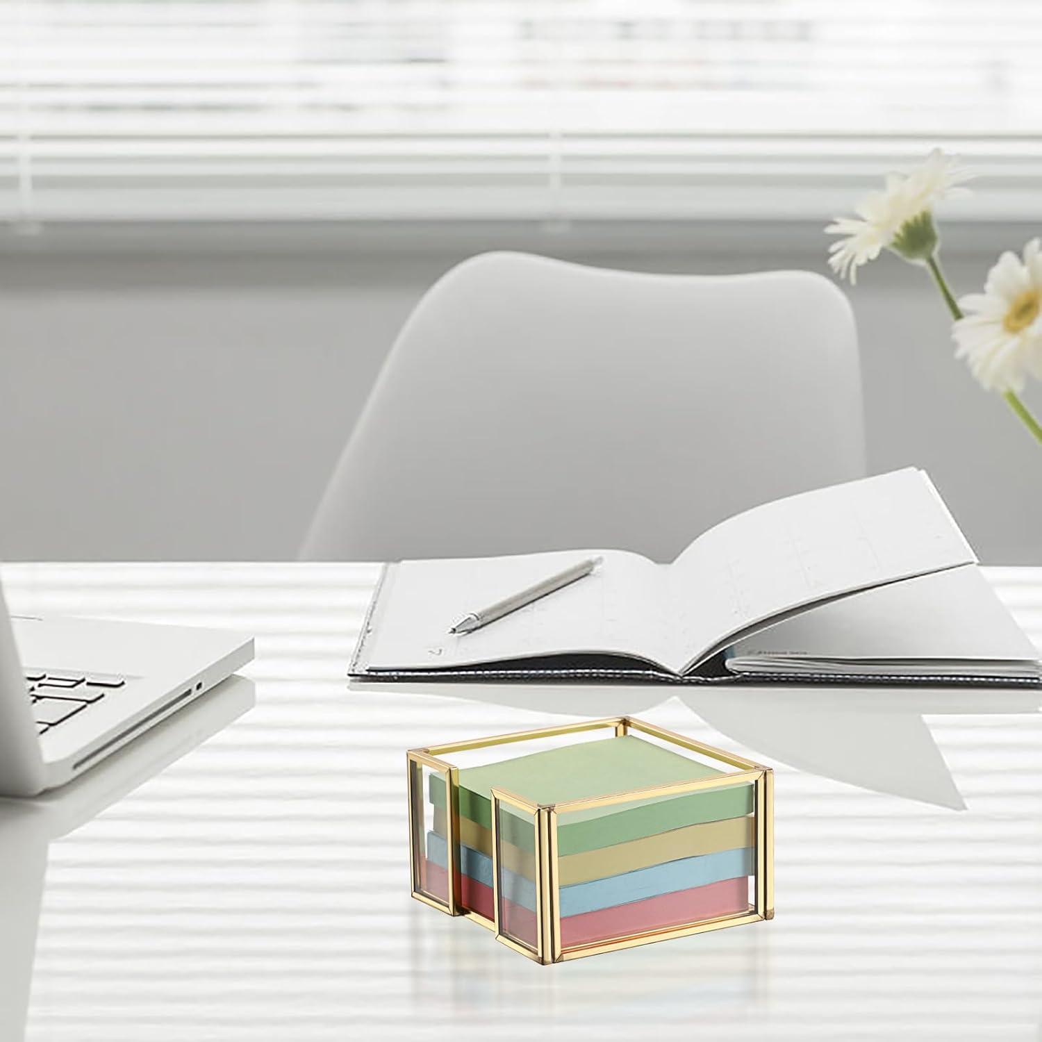 image:imageBTSKY Golden Glass Sticky Note Holder for 3x3 Inch Sticky Notes Elegant Post It Note Dispenser with NonSlip Pads Clear Notepad Holder for Desk Organization Planning Home Office Decor3x3