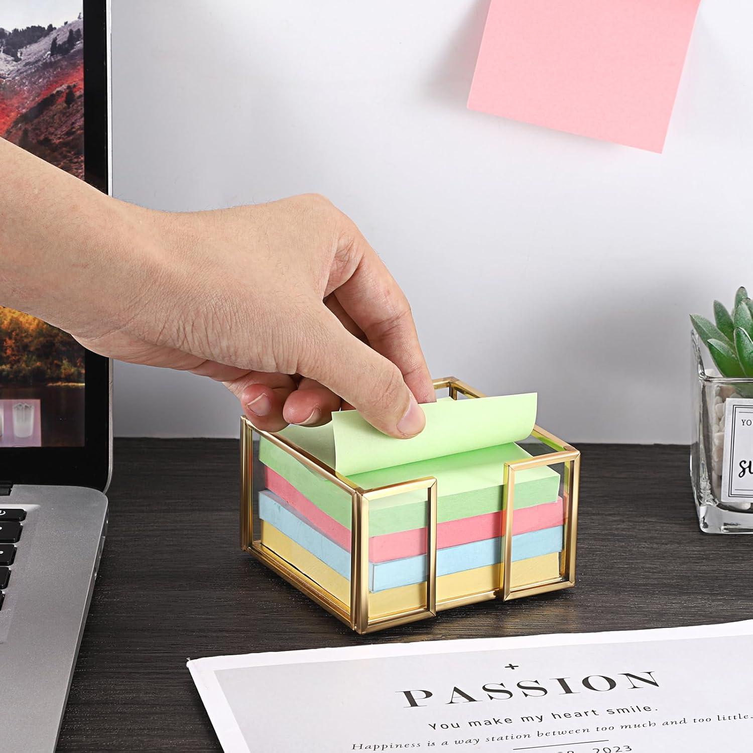 image:imageBTSKY Golden Glass Sticky Note Holder for 3x3 Inch Sticky Notes Elegant Post It Note Dispenser with NonSlip Pads Clear Notepad Holder for Desk Organization Planning Home Office Decor3x3