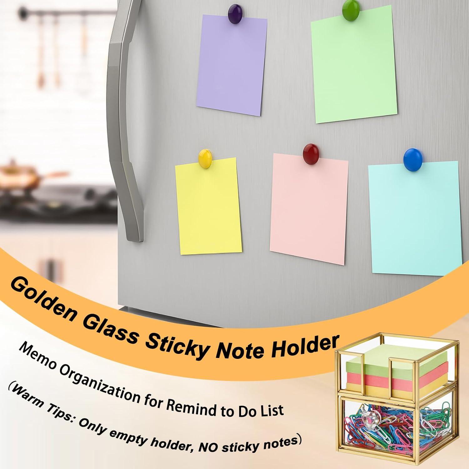 image:imageBTSKY Golden Glass Sticky Note Holder for 3x3 Inch Sticky Notes Elegant Post It Note Dispenser with NonSlip Pads Clear Notepad Holder for Desk Organization Planning Home Office Decor38 x 37